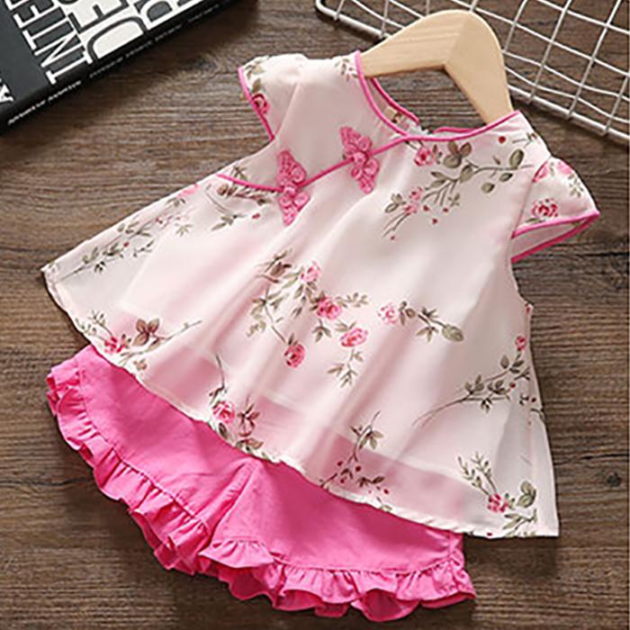 2PCS Children Clothing Set Spring Summer Tang Costume and Han Costume Girls Suits Printing Short Sleeve Tops + Pants Clothing Set