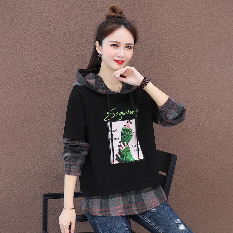 Fake Two Piece Stitching Hooded Sweater Spring and Autumn Loose Long-sleeved Casual Blouse Women