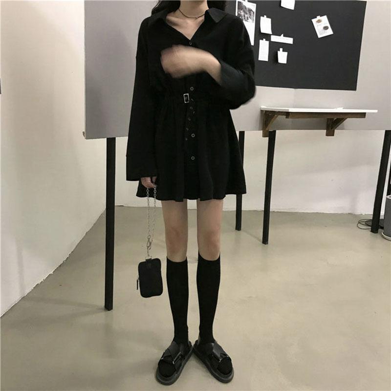 Spring and Autumn Clothing Lightly Cooked Hepburn Style Design Sense Small Black Skirt Waist Slimming Long-sleeved Dress Women