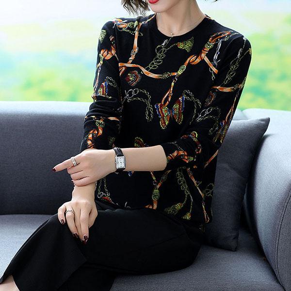 Autumn Winter Women High-end Cashmere Sweater Retro Butterfly Flower Printed Woolen Sweater Soft Warm Plus Size Pullover Sweater Female Causal Jumper