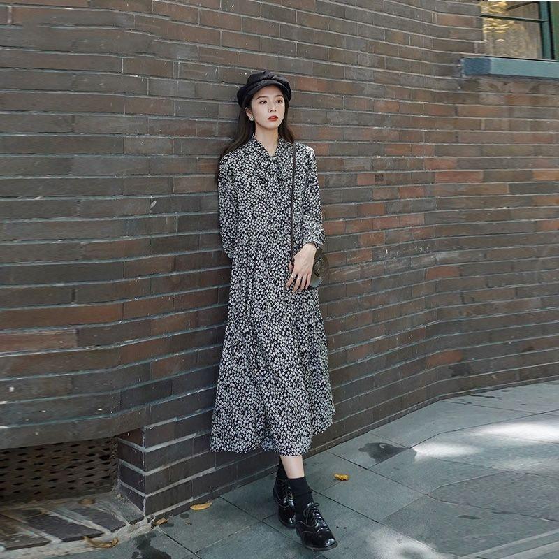 Spring and Autumn French Retro Floral Ladies Bottoming Dress Long Dress Fashion Korean Version Loose and Thin Hepburn Printed Women's Long Dress