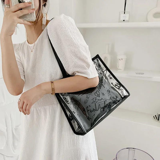 2pcs Women Clear Handbag Waterproof for Bathing Swimming Beach Portable Shoulder Transparent Bag PU Leather Handle