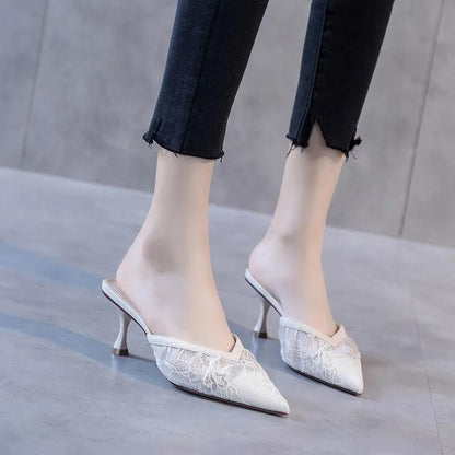 Hollow Half Slippers Women's Summer Fashion Wear Mesh Gauze All-match Pointed Toe Stiletto Sexy High Heels