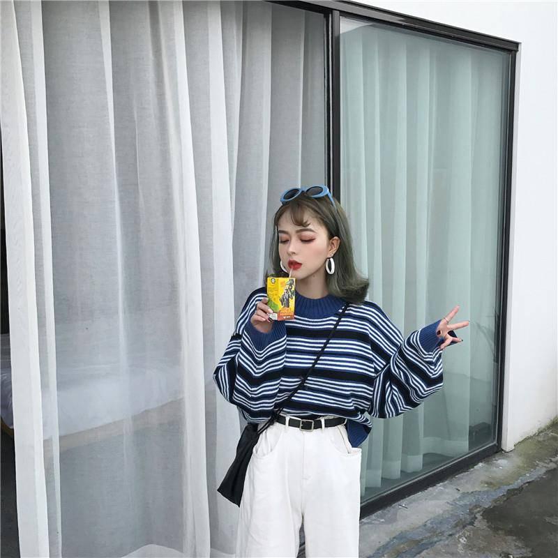 Pofulove Autumn Winter Striped Retro Sweater Short Loose Wild bf Harajuku Style Sweater Women