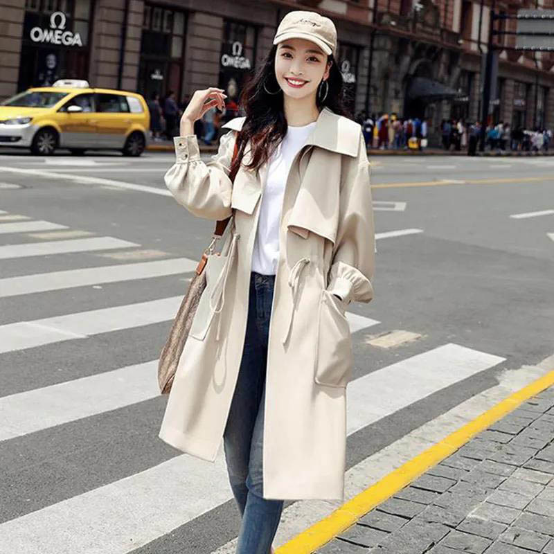 Lining Spring and Autumn Fashion Thin Section British Style Coat Waist Was Thinner Mid-length Women's Windbreaker