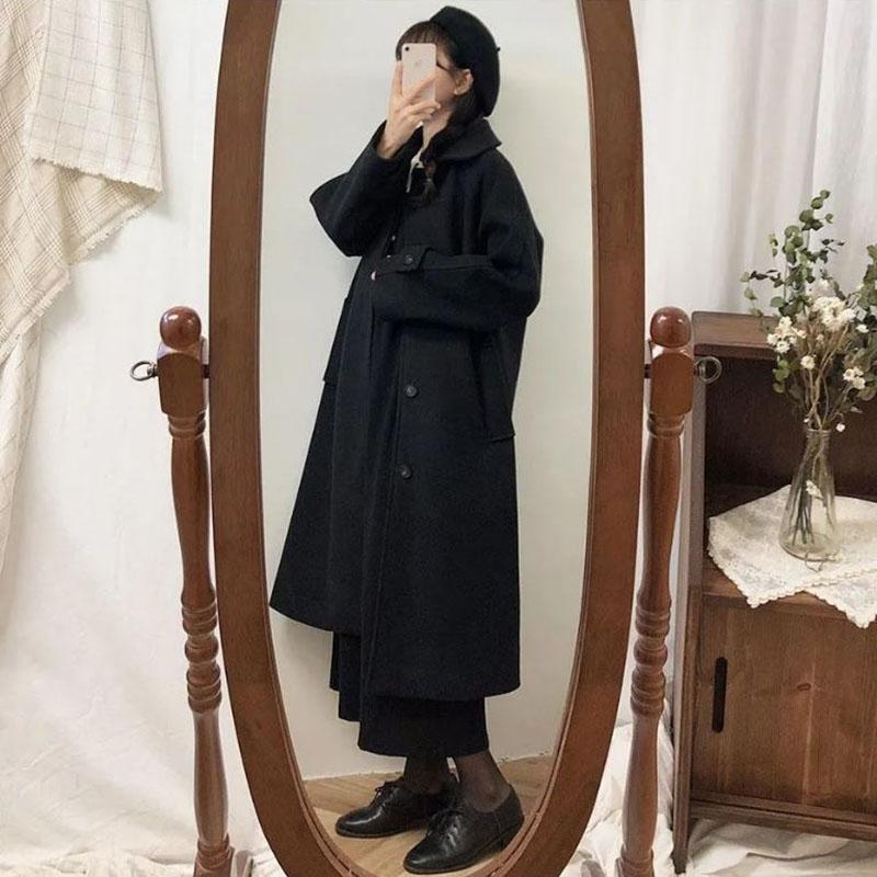 Women's Woolen Coat Korean Retro Padded Over-the-knee Coat Autumn and Winter Mid-length Woolen Coat