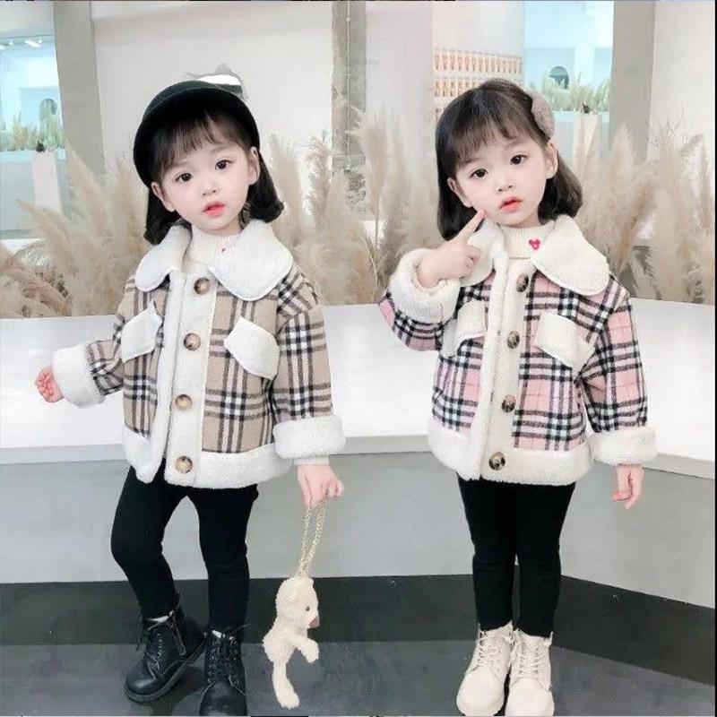 Girls' Woolen Plaid Bear Coat Autumn and Winter Thickened Western Style Blouse Girls Children's Fashion All-match Cotton Jacket