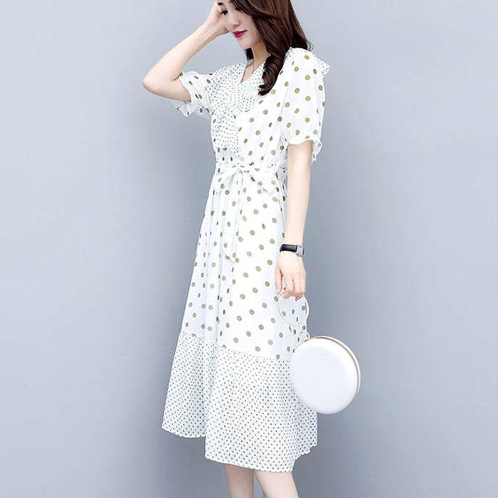 Women Chiffon Polka Dot Dress Slim Short Sleeve V-Neck A-line Vacation Beach Sun-dresses