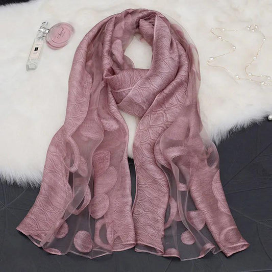 Women's Acrylic Linen Lace Silk Scarf Neck Conver Korean Scarves Long Gauze Scarf Pure Color Wavy Dot Embroidery Cut Flower High Quality Shawl