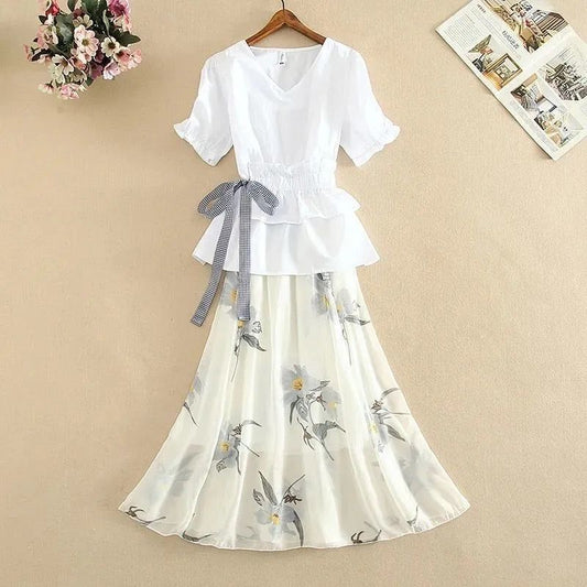 Dress Suit Summer Waist High Waist A-line Skirt Two-piece Female V-neck Short-sleeved Top + A-line Skirt Chiffon Fabric Light and Breathable