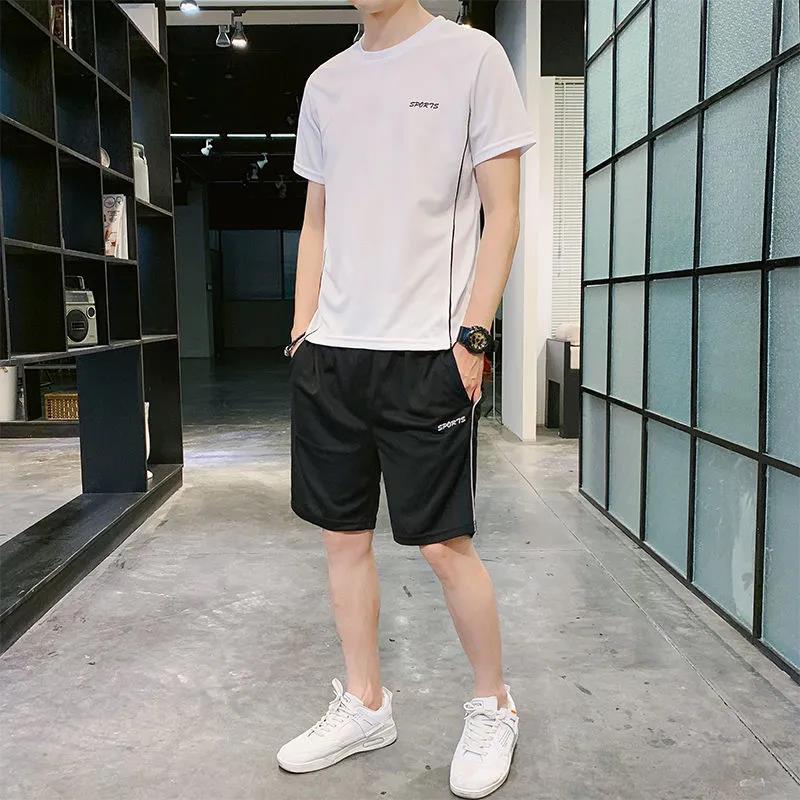 Ice Silk Suit Men's Summer Loose Large Size Casual Sports Suit Men's Short-sleeved T-shirt Five-point Pants Suit Men's