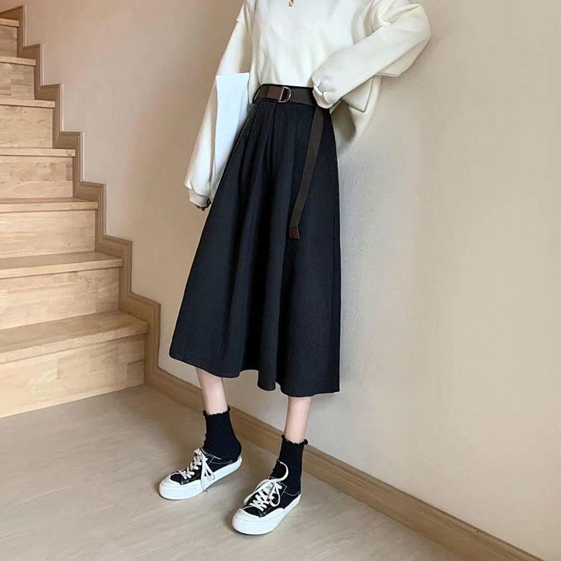 Skirts Womens Black A-line Skirt Spring Summer High Waist Pleated Skirt Female Solid Color Mid-length Skirt with Sashes