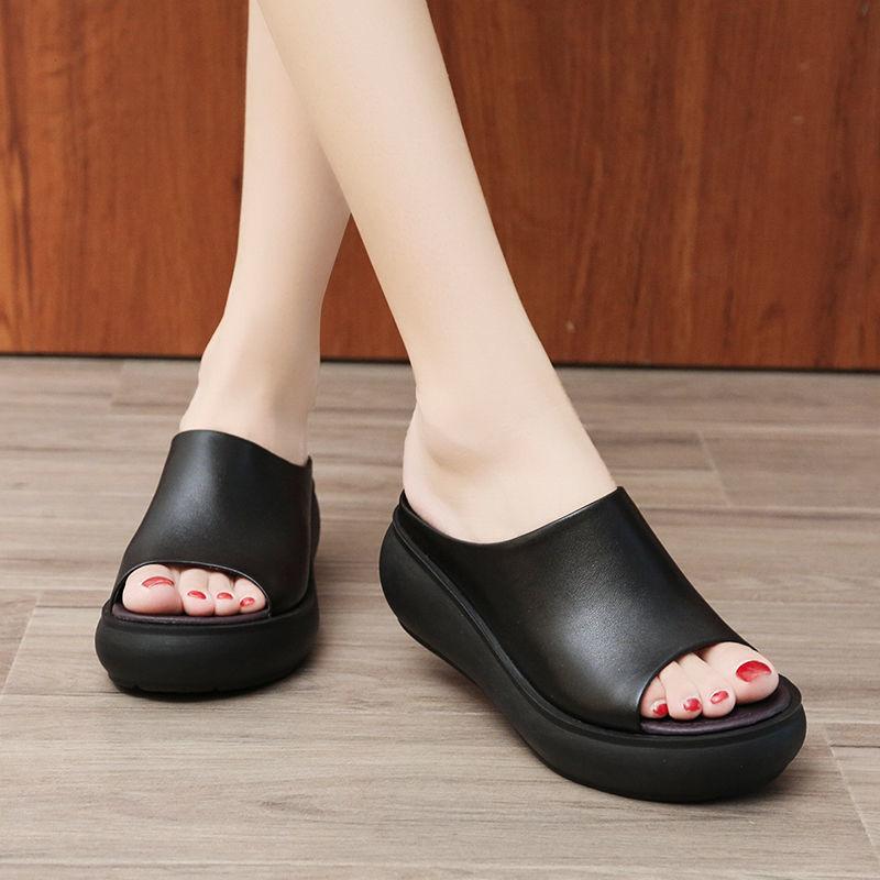 Women Sandals Platform Wedge PU Leather Mules Open Toe Slides Shoes Summer High Heels Sandals