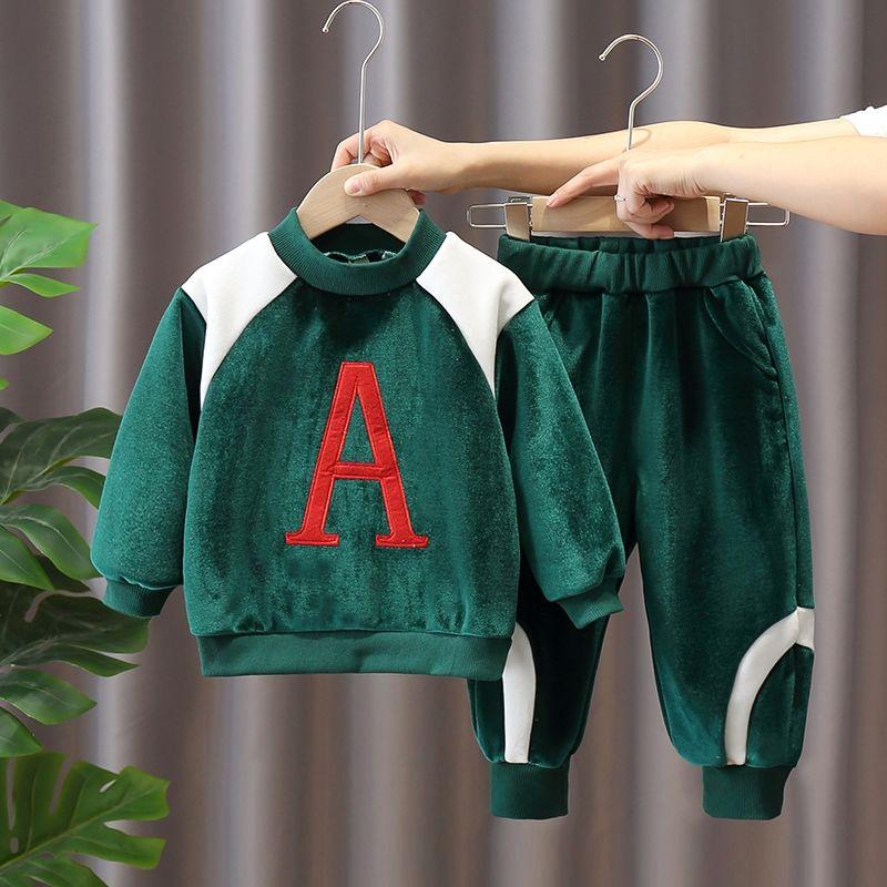 2021 Children's Clothing Plus Fleece Boy Middle and Small Children's Sweater Suit Double-sided Fleece Baby Casual Korean Two-piece Suit