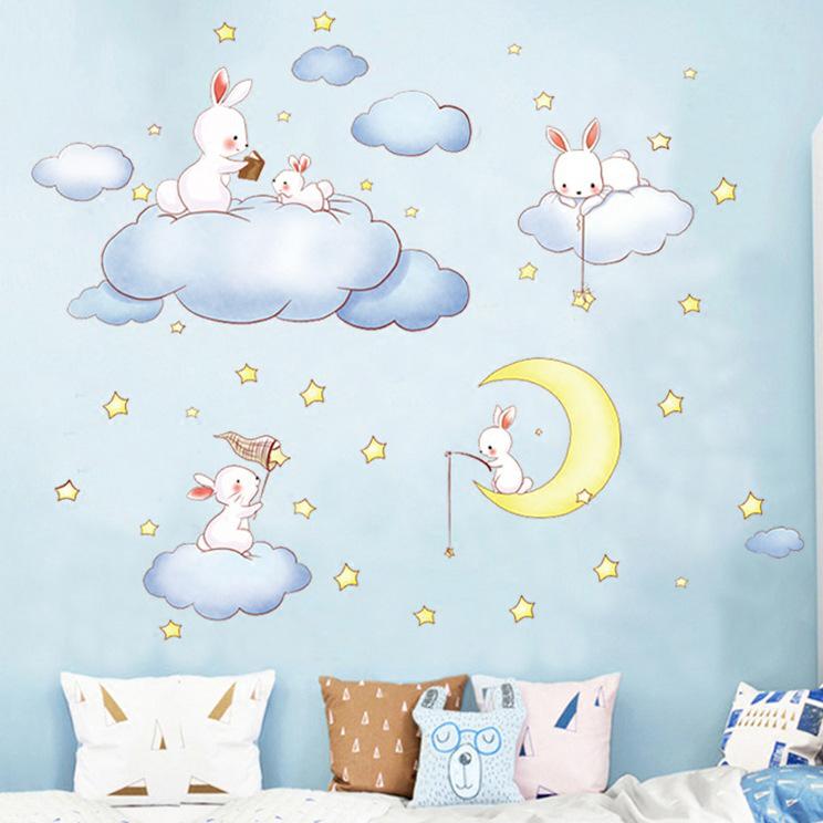 Cartoon cloud rabbit stickers children's room baby bedroom decoration landscaping wall stickers