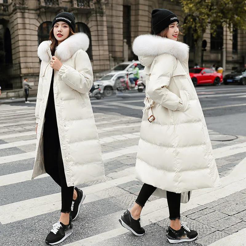 Down Jacket Winter Ladies Fashion Korean Big Fur Collar Thick Warm Hooded Mid-length Plus Size Cotton Jacket