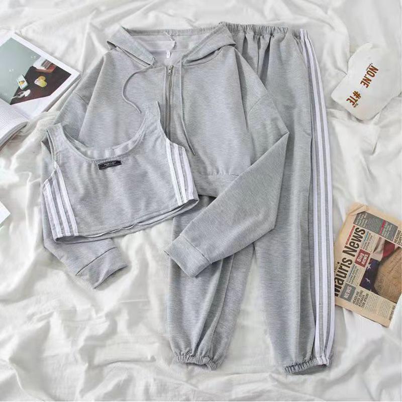 3PCS Casual Sports Suit Spring and Summer Korean Version Hooded Sweater Jacket Vest Jogging Sweatpants Women's Three-piece Suit Athletic Girl