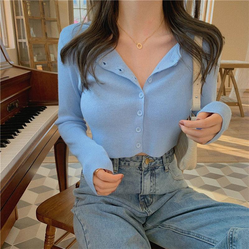 Korean Style O-neck Short Knitted Sweaters Women Thin Cardigan Fashion Sleeve Sun Protection Crop Top