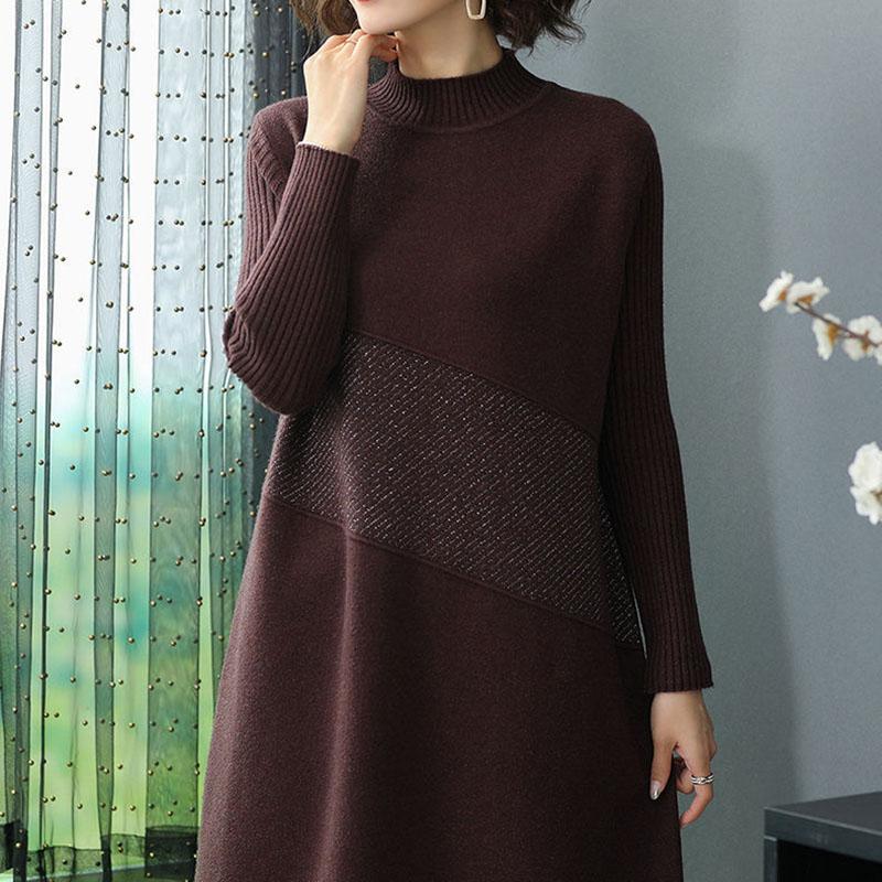 Autumn and Winter Plus Size Knitted Bottoming Skirt Simple Casual Dress Half High Collar Solid Color Middle-aged Women Sweater Dress