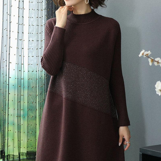 Autumn and Winter Plus Size Knitted Bottoming Skirt Simple Casual Dress Half High Collar Solid Color Middle-aged Women Sweater Dress