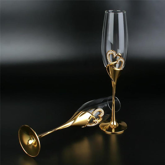 2Pcs/Set Wedding Crystal Champagne Glasses Gold Metal Stand Flutes Wine Glasses Goblet Party Lovers Valentine's Day Gifts 200ml