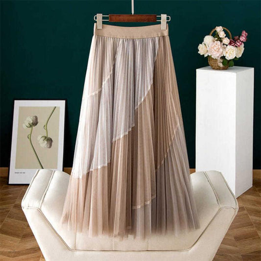 Summer Pleated Printed Mesh Skirt High Waist Thin Elastic Waist Mid-length Large Swing Skirt Women