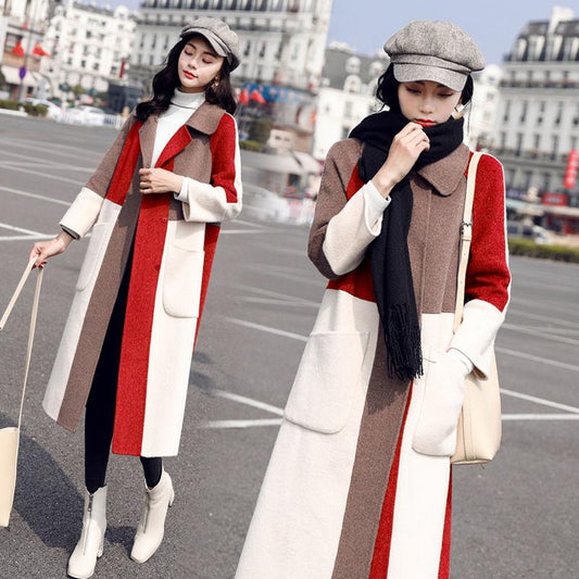 Autumn and Winter Women's Thick Loose Korean Color Matching Woolen Coat Mid-length Quilted Woolen Coat