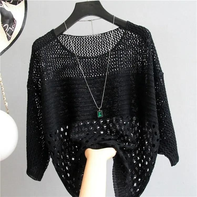 Summer Thin Bottoming Blouse Hollow Top Loose Pullover Knitted Sweater Women's Sunscreen Solid Color Breathable T-shirt