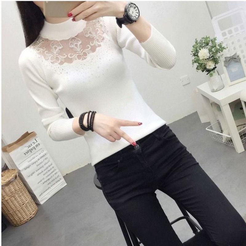 Autumn and Winter Korean Sexy Hollow Diamond-studded Sweater Women's Pullover Sweater Stretch Mesh Embroidery Lace Base Sweater