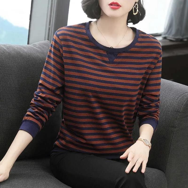 Striped T-shirt Women Autumn Long Sleeve Casual Baggy Tshirts Shirt Ladies Tops Pullover