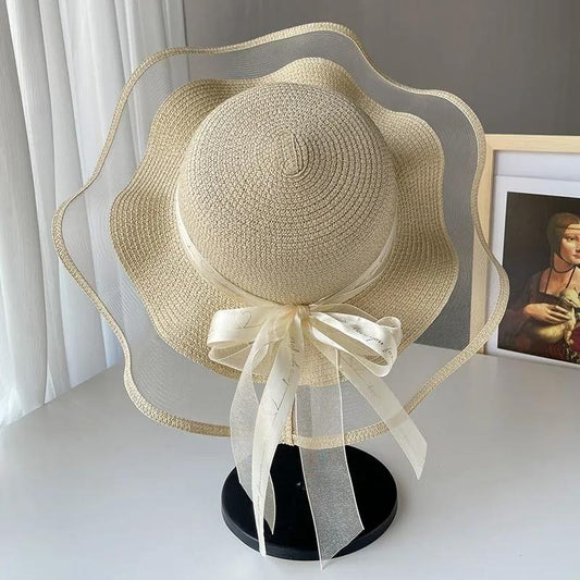 Women's Summer Bow Mesh Straw Hat Transparent Beach Vacation Sun Cap Sunscreen Anti-UV Wide Brim Cool Hat Sun Hat