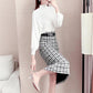 Women's Knitted Sweater Set High-neck Loose Pullover and High-waist Slim-fit Plaid Skirt Two-piece Set Ladies Outfits Autumn Winter