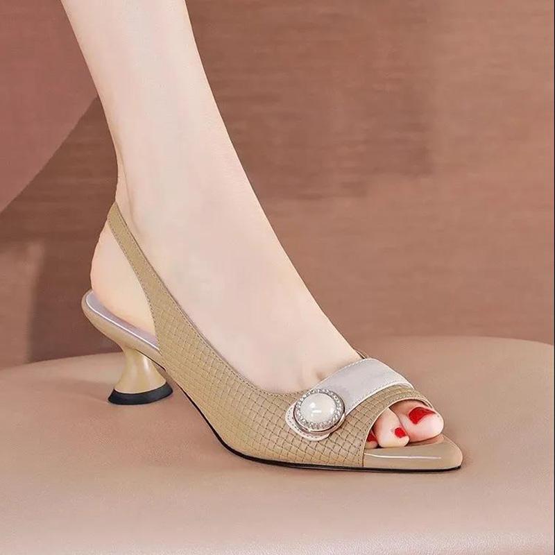 Fish Mouth Sandals Women's Summer Soft Leather Thick Heel Pumps Fashion Mid-heel Rhinestone Large Size Women's Sandals