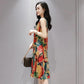 Dress Ice Silk Is Thin Hit Color Printing Bottoming Camisole Mid-length Dress Ladies Sleeveless Mid-length Dress Floral Pattern