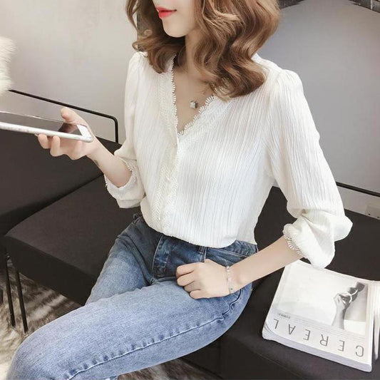 Chiffon Shirt Women's Long-sleeved Spring and Autumn Wear V-neck Shirt Women's Business Wear Shirt Suit with Casual Lady Elegant