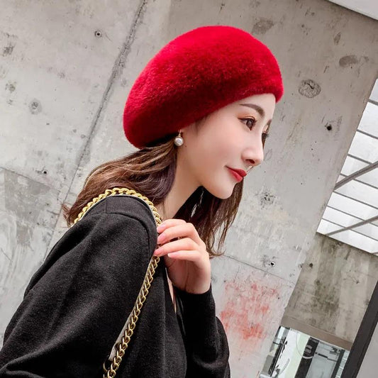 Women's Autumn and Winter Hats Plus Velvet Thickening Warm Ear Protection Knitted Hat Beret Rabbit Fur Hat Woolen Hat Women