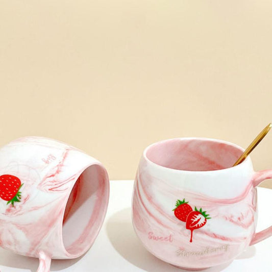 Creative Cartoon Ceramic Cup Female Student Dormitory Water Cup Cute Strawberry Mug Home Milk Breakfast Cup Spoon