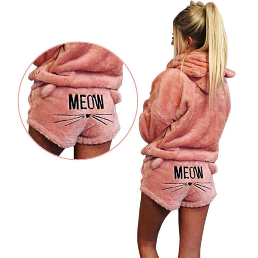 Warm Cute Cat Hoodie Sleepwear Women Winter Homewear Solid Pajamas Set Plus Size Sleepwear