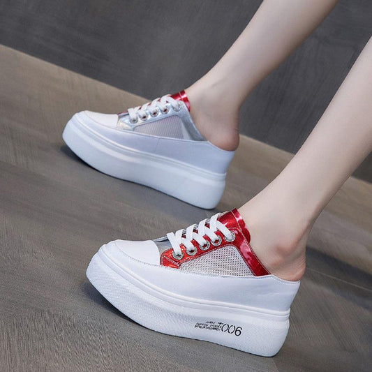 Casual High Heels Loafers Breathable Vulcanize Women Sneakers PU Round Toe Embroider Platform Wedge Tenis Feminino