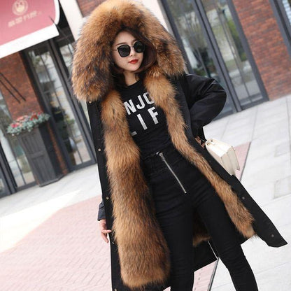 Womens Winter Parkas Mid-length Removeable Raccoon Fur Liner Thickened Imitation Fur Coat Women Fur Hooded Jacket Plus Size