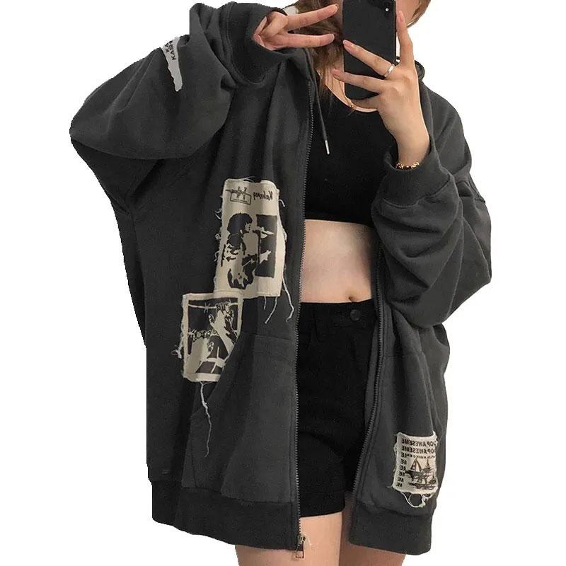 Retro Oversize Jacket Women's Spring and Autumn Loose Lazy Style Cardigan Hooded Couple Sweater Ins Personalized Print Patch Casual Zipper Jacket