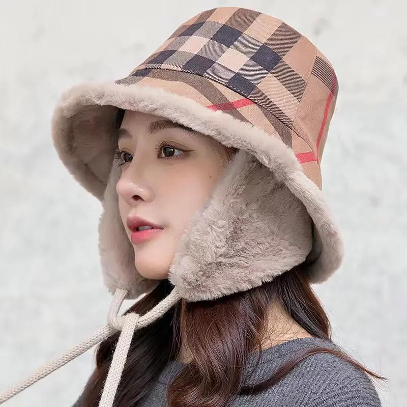 Women's Autumn Winter Dual-purpose Fisherman Hat Warm Ear Protection Removable Large-brimmed Hat Detachable Ear Protection Strap Plaid Fisherman Cap