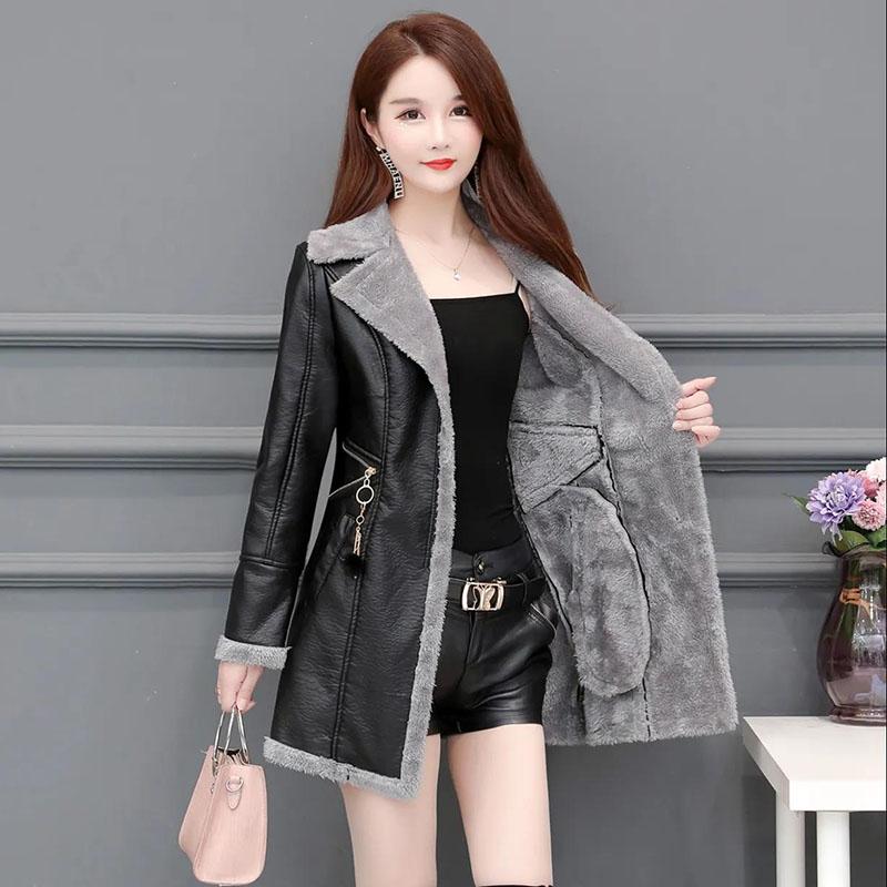 Winter Women's Leather Fashion Fur Coat Lamb Fur Coat Plus Velvet Thickening Medium Long Large Size Leather Coat