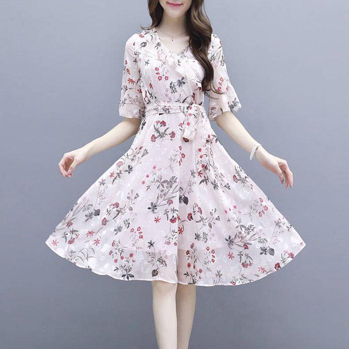 Pofulove Women Printed Chiffon Dress Office Lady Slim Short-sleeved V-neck A-line Dress Sun-dresses