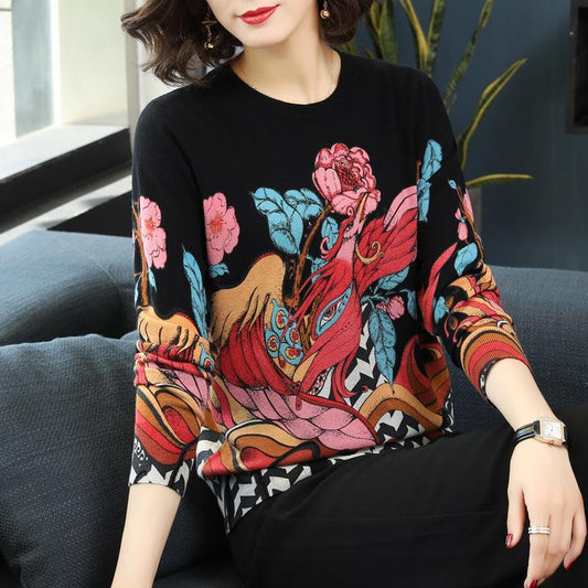 Autumn and Winter Ladies Sweater Print Pattern Knit Sweater Round Neck Long Sleeve Loose Bottoming Shirt Fashion All-match Women's Clothing