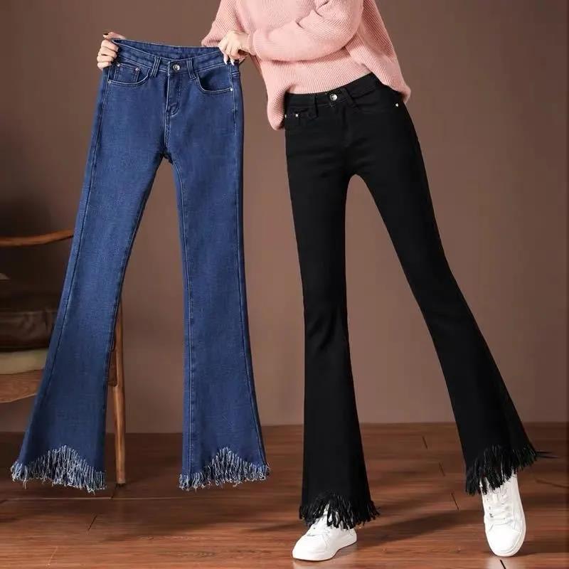 WTEMPO Trumpet Jeans Women's Boot Cut Pant Tight Tassel Denim Pocket Trousers