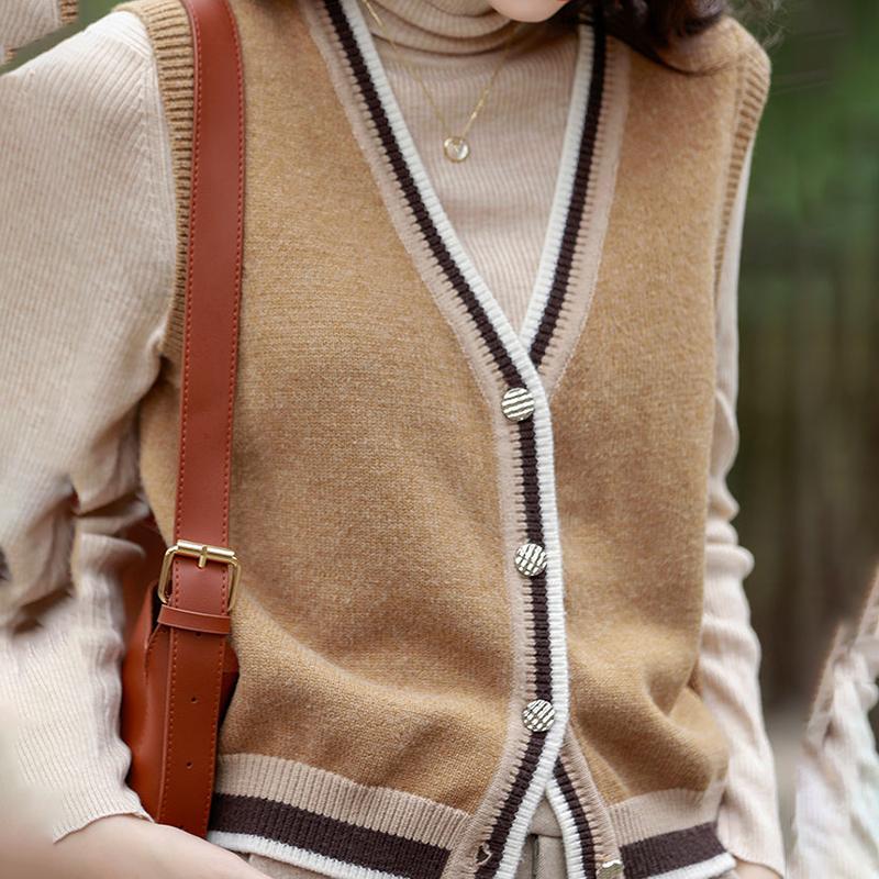 Spring and Autumn All-match Temperament Sleeveless Contrast Color Knitted Cardigan Vest Vest Sweater Jacket Women's Thin Sweater