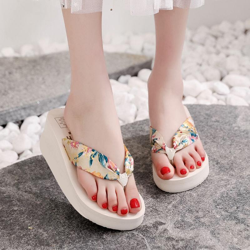 High-heeled Platform Flip-flops Women Summer Korean Version  Non-slip Slope Heel Beach Shoes Wear Women's Sandals  Slippers