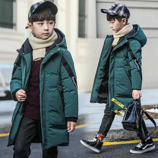 Boy's Mid-length Down Jacket Children's Winter Cotton Jackets Large Children's Thick Padded Coats Winter Hooded Children's Coat