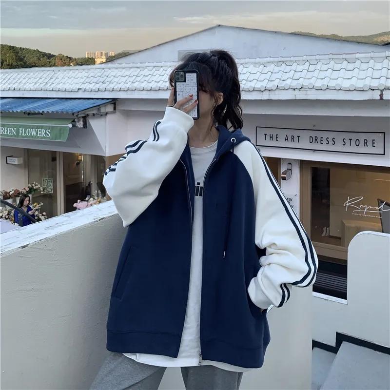 Blue Sweater Women's Korean Style Loose and Lazy Style Thin Hooded Cardigan Girl's Preppy Jacket Long Sleeve Sweatshir